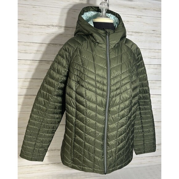 LANDS END Womens LARGE Primaloft Insulated Quilted Jacket Green Full Zip Hooded - Picture 1 of 16